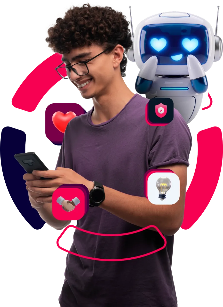 A smiling customer using a phone, with an AI robot behind, surrounded by the Voll brand rings