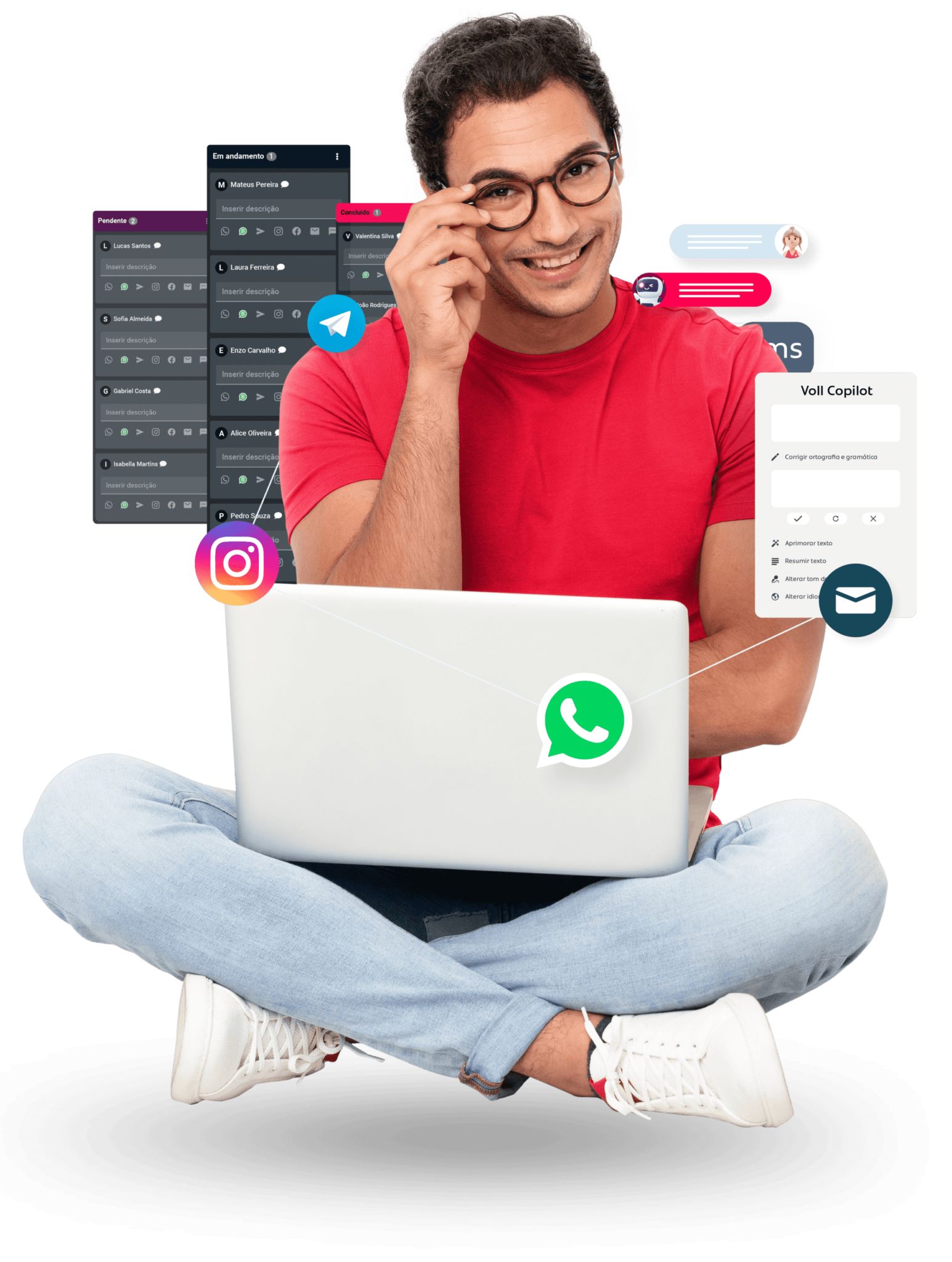 Funcionalidades do Voll 360, que incluem integrações com canais digitais, como WhatsApp, Instagram, email, e ferramentas como chatbot, Voll Copilot e Painel.